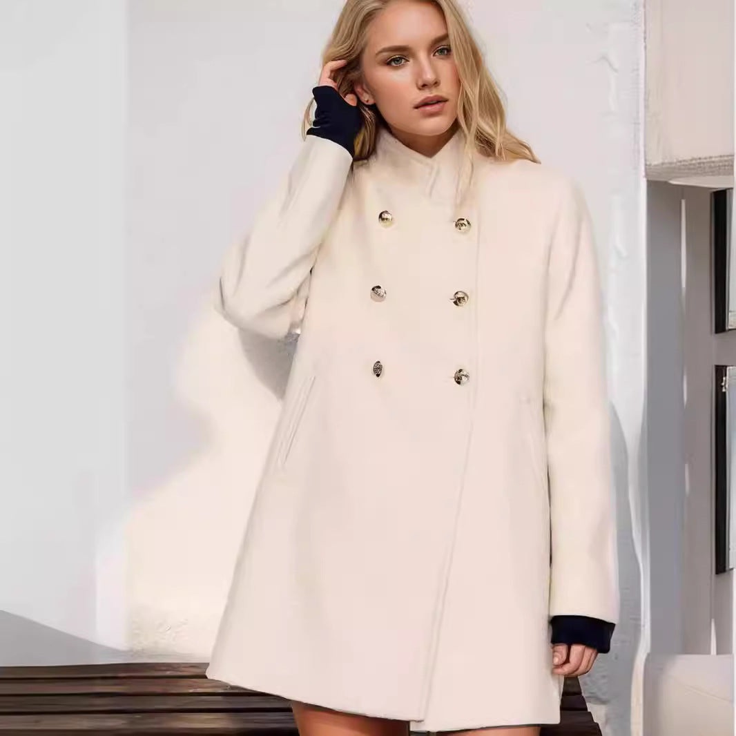Women's Double-Breasted Coat with Stand-Up Collar and Decorative Buttons Mune Fashion