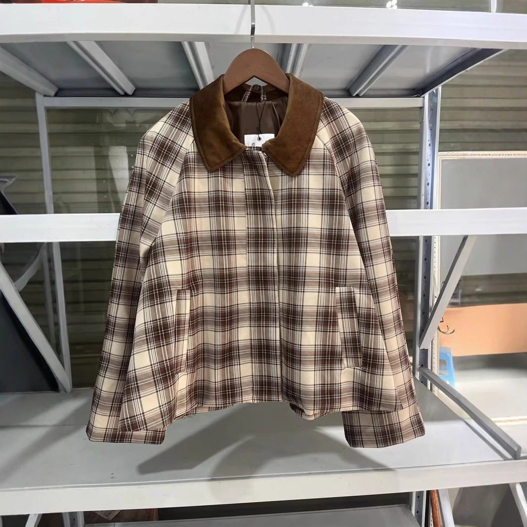 Women's checked transitional jacket with contrasting velvet collar, concealed front placket, and patch pockets Mune Fashion