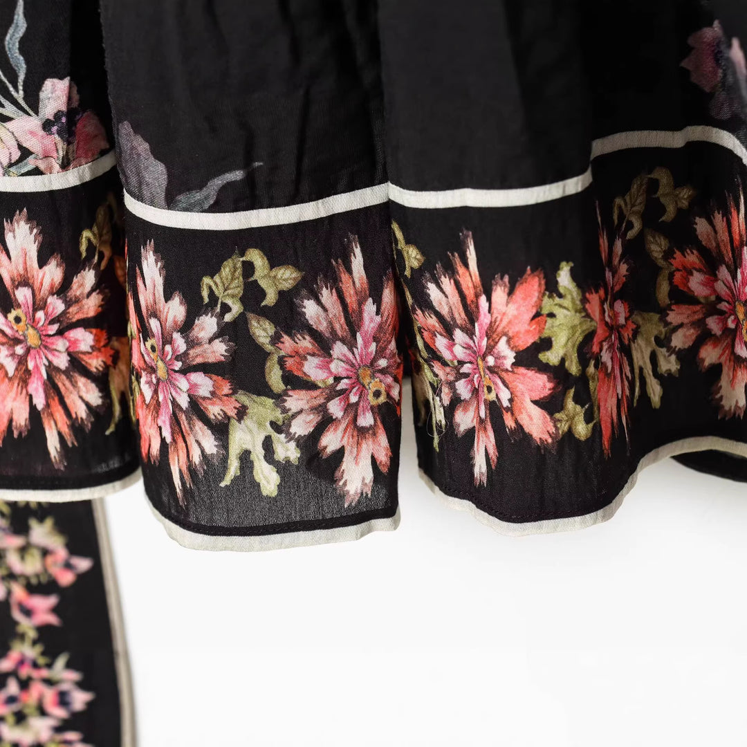 Women Floral Ruffled Mini Dress with Stand Collar, Waist Tie Belt and Balloon Sleeves Mune Fashion