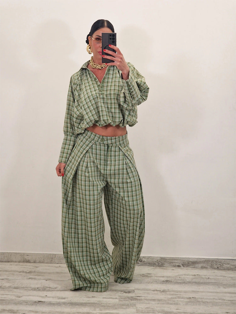 Women's Two-Piece Checked Set with Cropped Oversized Shirt and Wide Pleated Trousers Mune Fashion