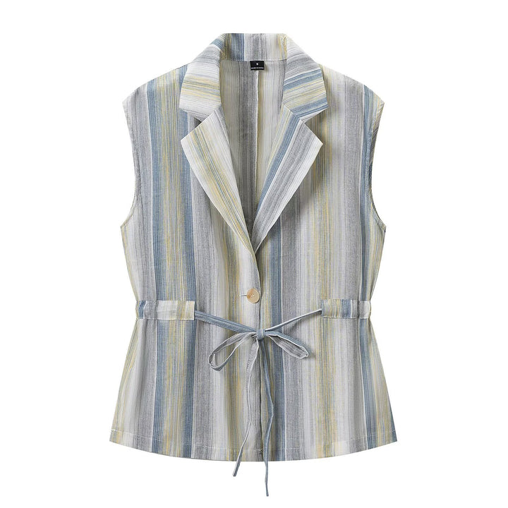 Women's Two-Piece Linen Look Set with Sleeveless Blazer Vest, Waistband and Wide Pleated Trousers Mune Fashion