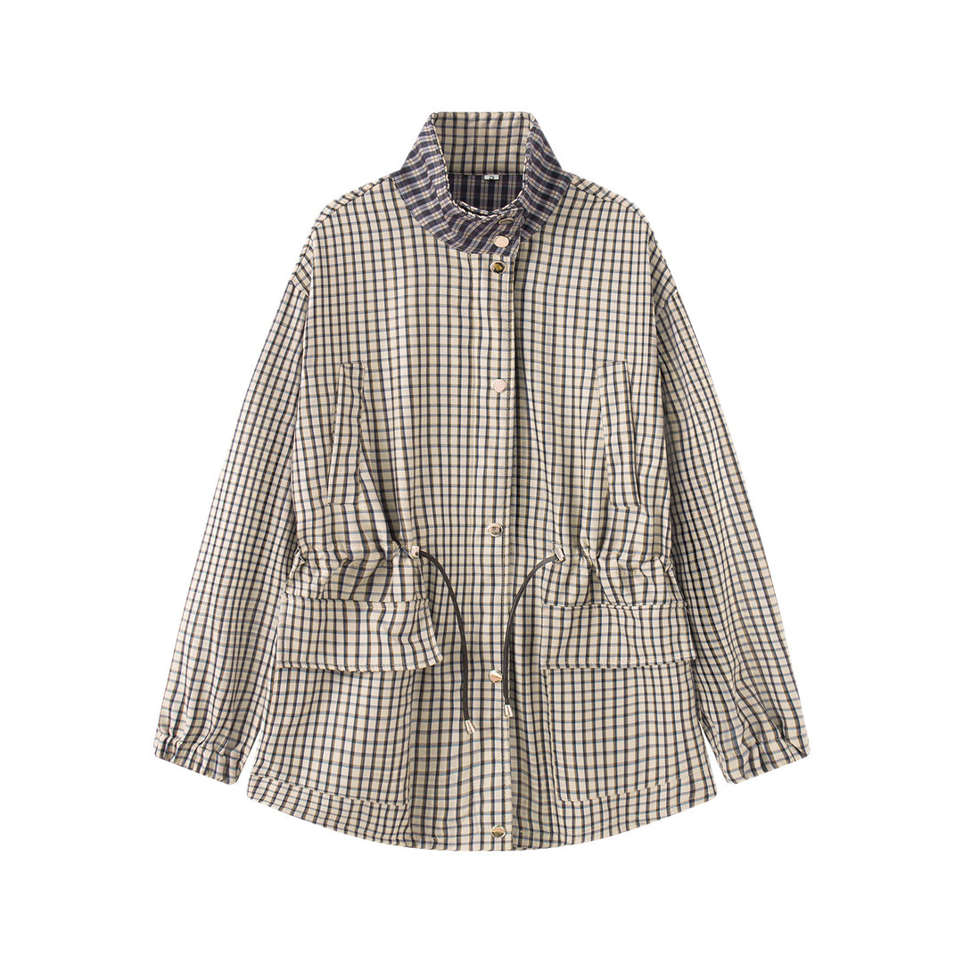 Women Checked Oversize Parka Jacket with Drawstring and Stand-up Collar Mune Fashion