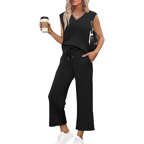 Women Casual Two-Piece Lounge Set with Sleeveless V-Neck Top and Wide Drawstring Pants Mune Fashion