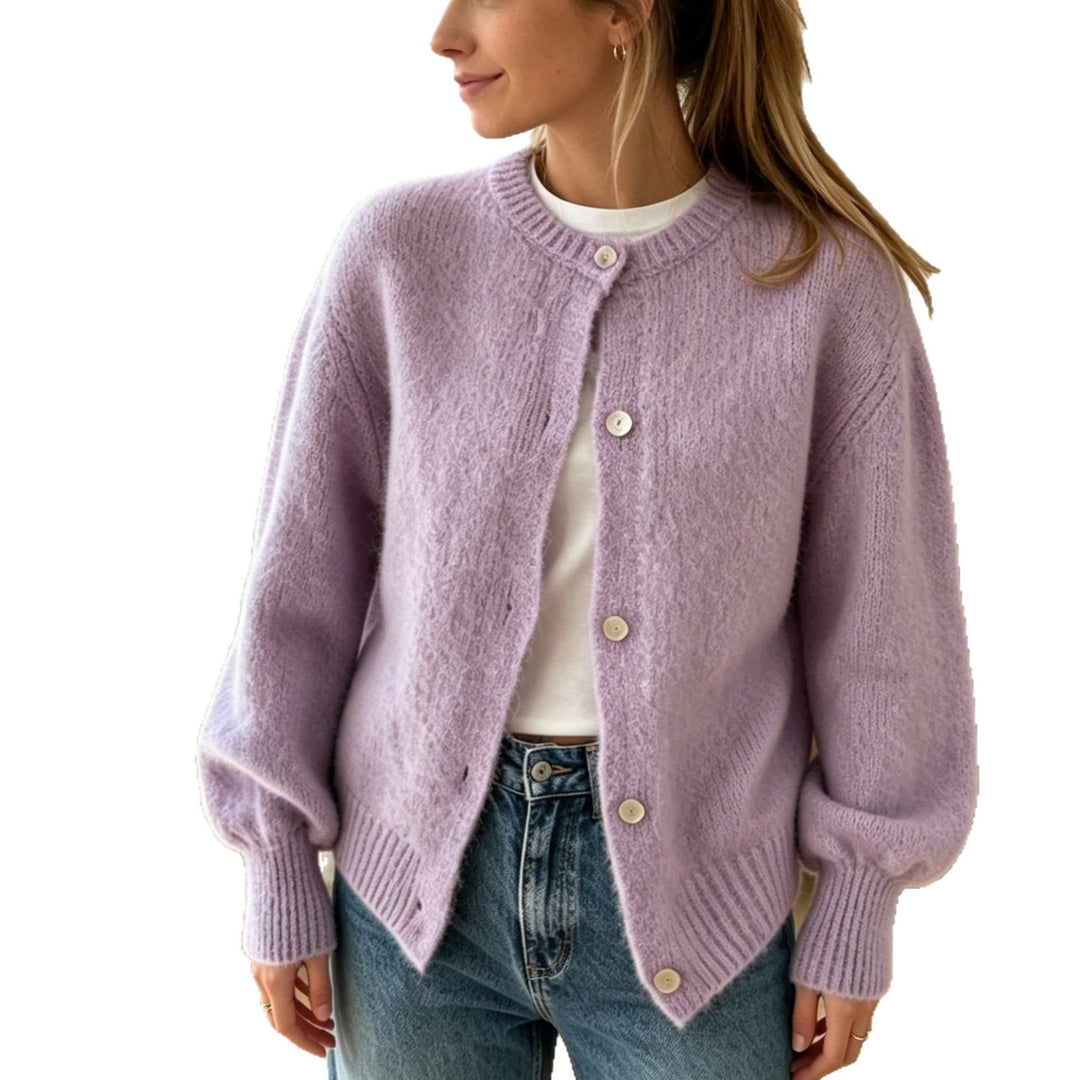 Women's Cozy Mohair-Look Cardigan with Round Neck and Balloon Sleeves Mune Fashion