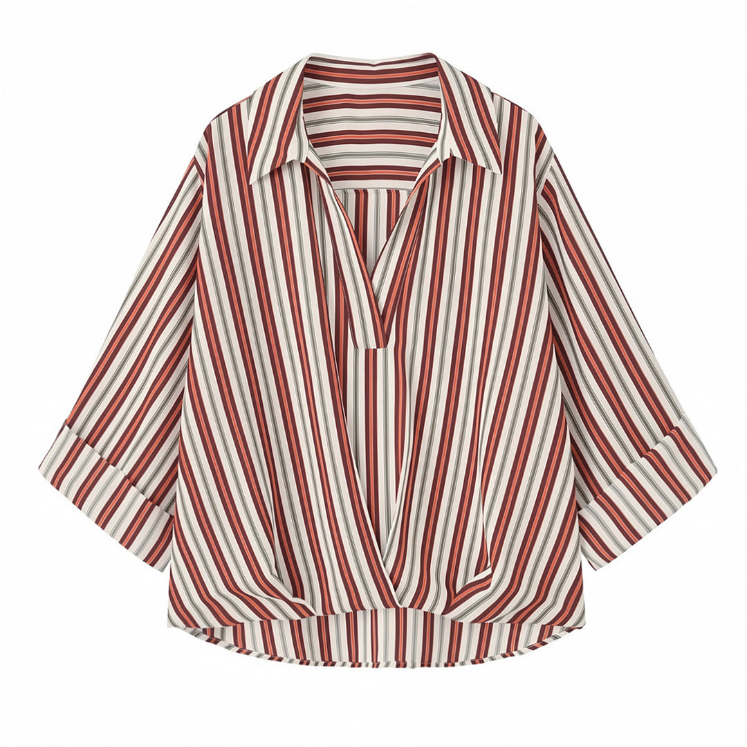 Women's loosely cut wrap blouse with shirt collar, three-quarter sleeves, and stripe pattern Mune Fashion