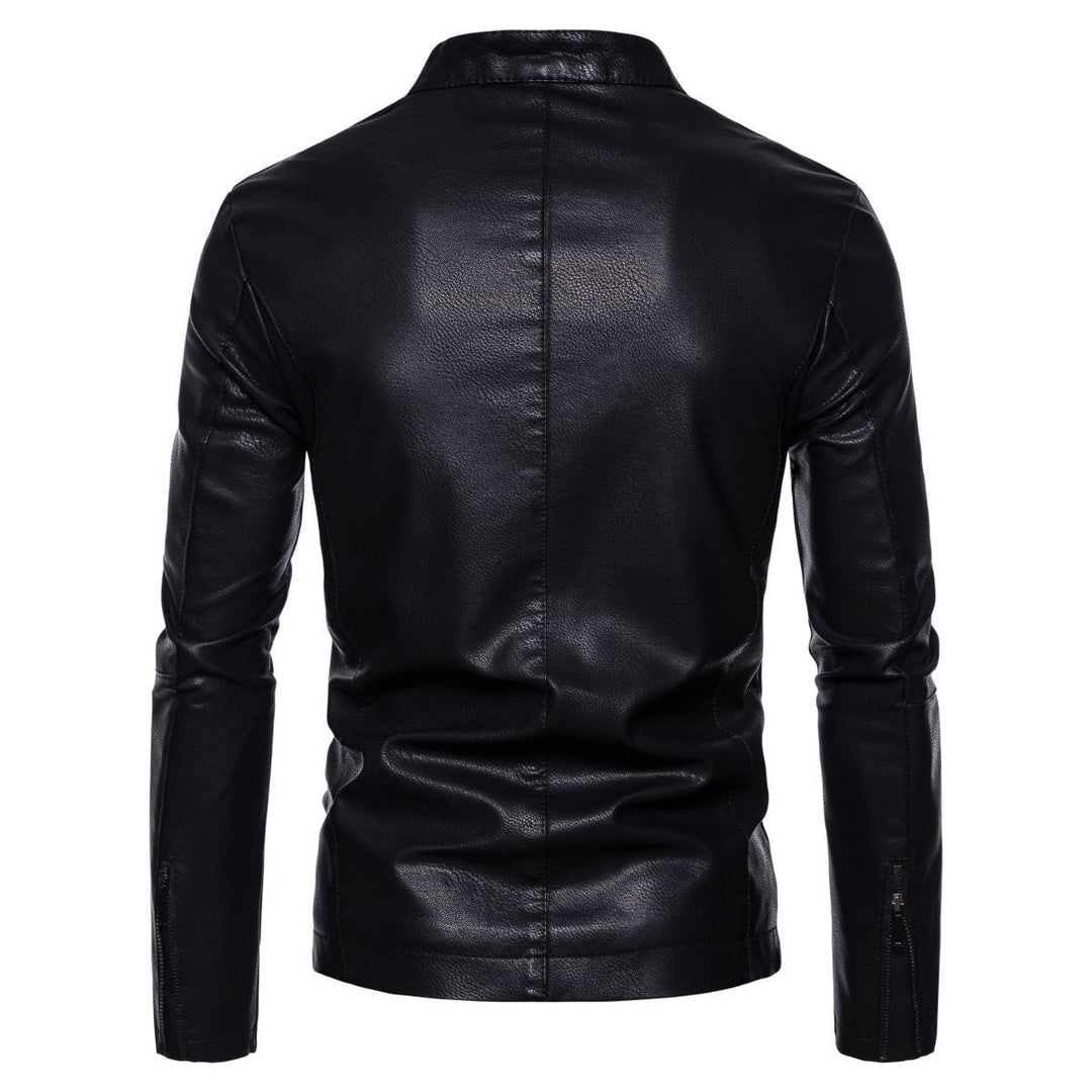 Men's Slim Faux Leather Biker Jacket with Stand-up Collar, Faux Fur Lining and Zipper Pockets Mune Fashion