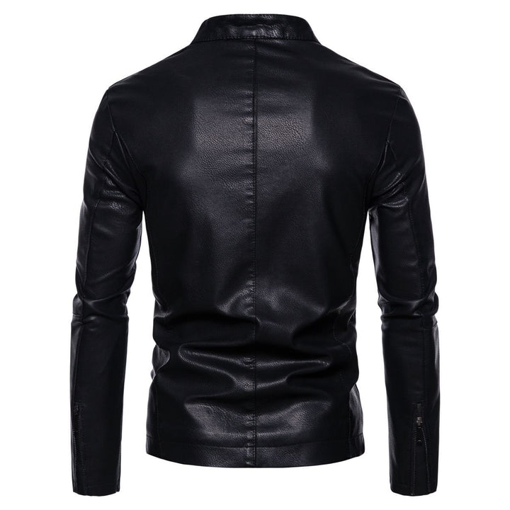 Men's Slim Faux Leather Biker Jacket with Stand-up Collar, Faux Fur Lining and Zipper Pockets Mune Fashion