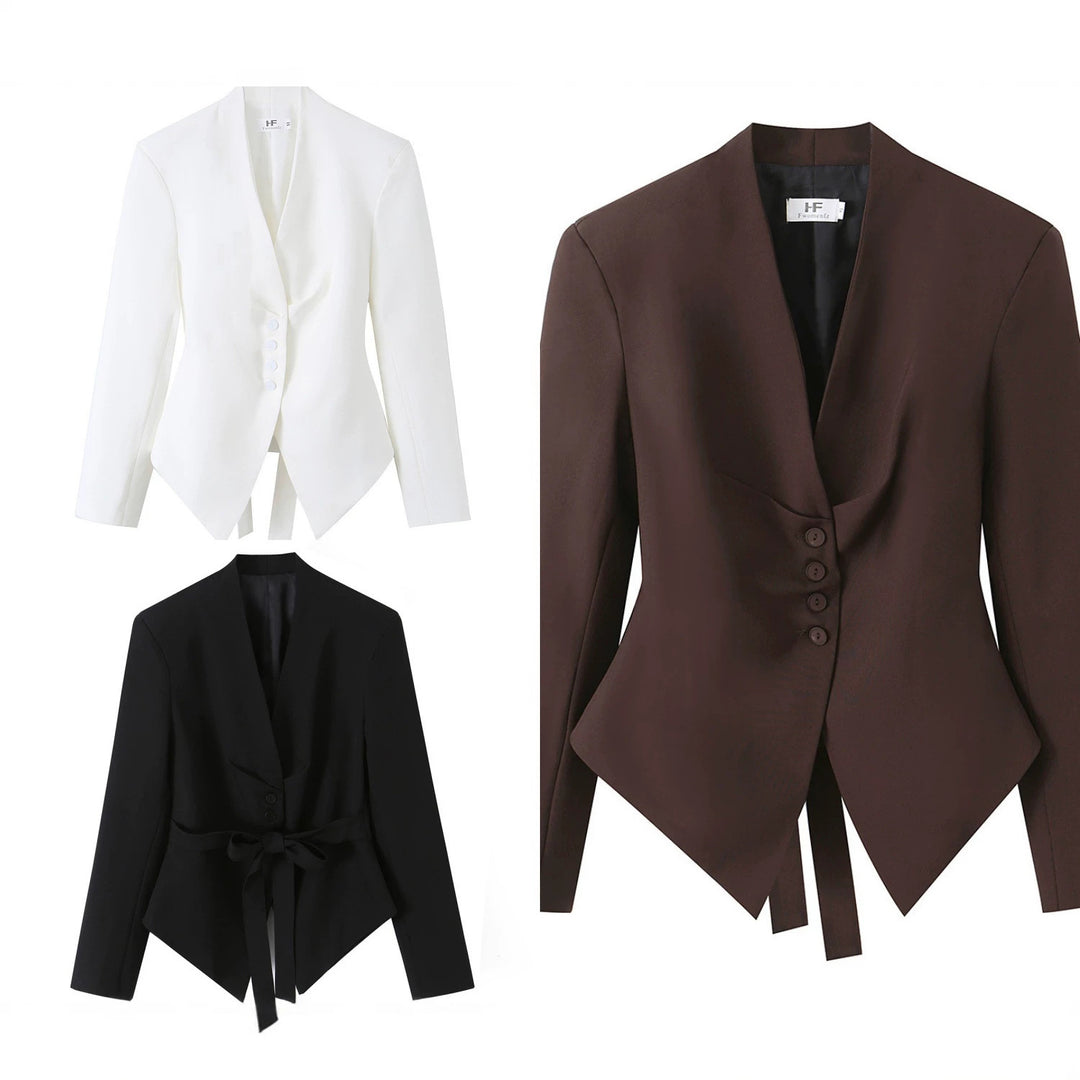 Women's Tailored Blazer with V-Neck, Narrow Waistbelt and Pointed Hem Mune Fashion