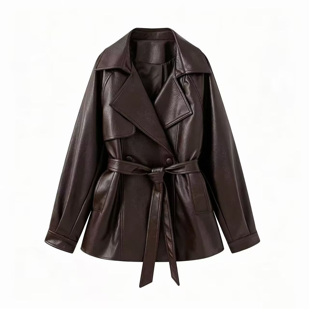 Women Tailored Short Trench in Synthetic Leather with Tie Belt Mune Fashion