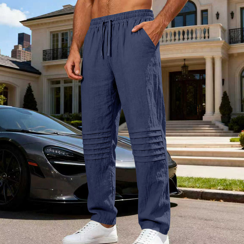 Men's Linen Look Lounge Pants with Drawstring Elastic Waistband and Quilted Knee Panels Mune Fashion