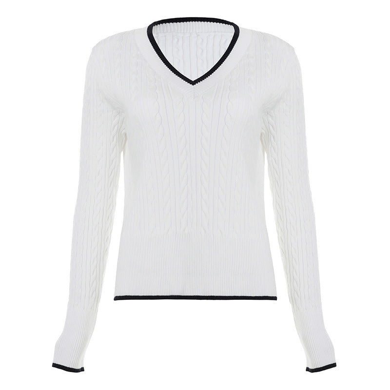 Women's fine knit pullover with cable pattern, V-neck and contrasting hem Mune Fashion