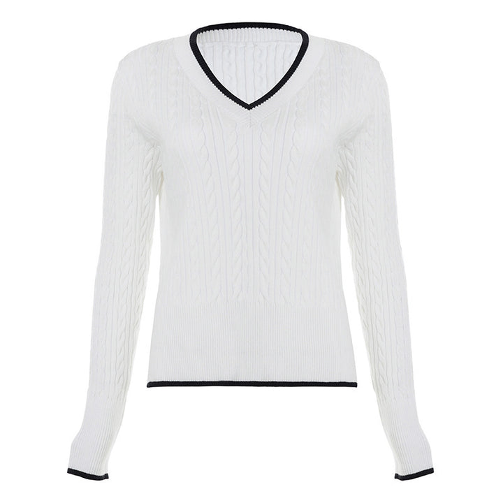Women's fine knit pullover with cable pattern, V-neck and contrasting hem Mune Fashion