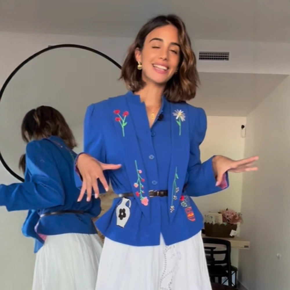 Women Embroidered Tailored Short Jacket with Peplum and Belt Mune Fashion