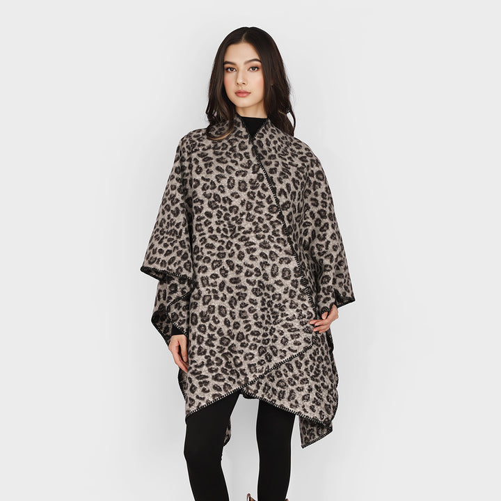 Women's Rectangular Wrap Ruana with Leopard Boucle and Fine Overlock Edging Mune Fashion