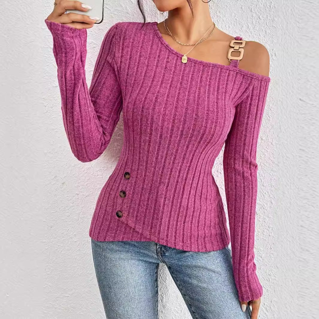 Women's body-hugging ribbed knit top with asymmetric one-shoulder neckline, decorative rectangular strap, and side button placket Mune Fashion