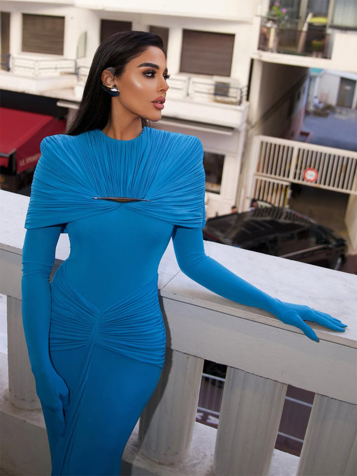 Women Elegant Fitted Evening Dress with Pleated Shawl Collar and Integrated Arm Warmers Mune Fashion