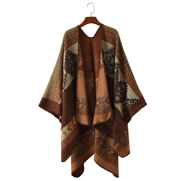 Women's Oversize Knit Poncho with Folk Jacquard Pattern Mune Fashion
