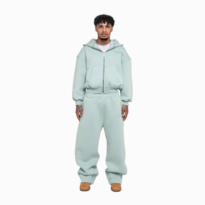 Men's casual zip-up hoodie and palazzo pants set with dropped-shoulder silhouette Mune Fashion