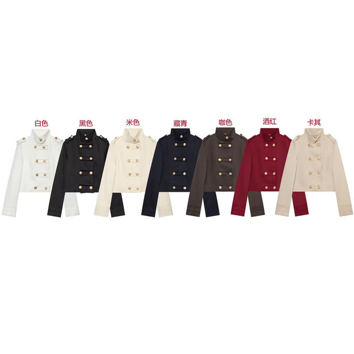 Women's Cropped Uniform Jacket in Military Style with Stand-up Collar and Decorative Button Placket Mune Fashion
