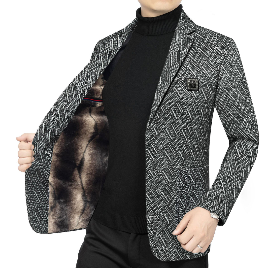 Men's Tailored Wool Look Blazer with Soft Faux Fur Lining and Herringbone Pattern Mune Fashion