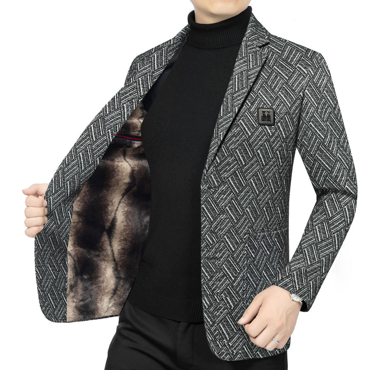 Men's Tailored Wool Look Blazer with Soft Faux Fur Lining and Herringbone Pattern Mune Fashion