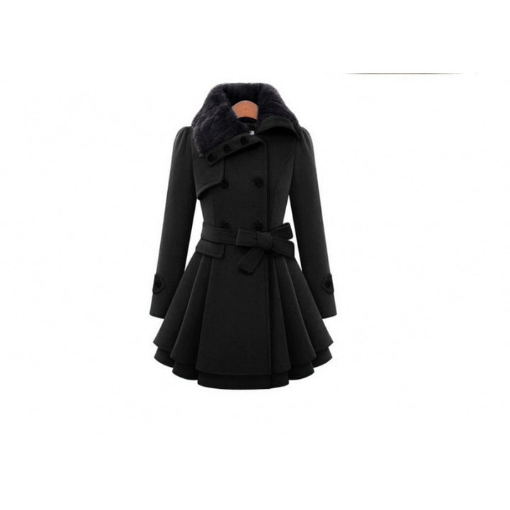 Women's tailored wool coat with bell skirt, double-breasted and faux fur collar Mune Fashion