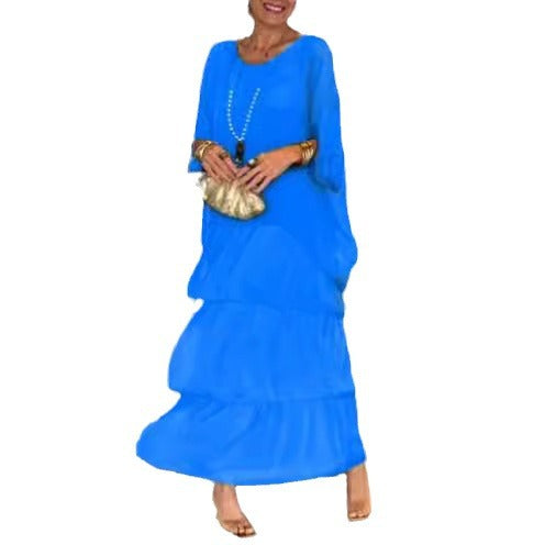 Women's ankle-length tiered dress with wide batwing sleeves and loose silhouette Mune Fashion