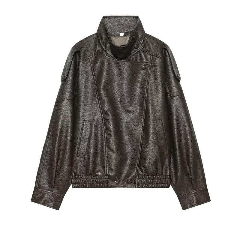 Women Faux Leather Bomber Jacket with High Stand Collar, Asymmetrical Closure and Elastic Hem Mune Fashion