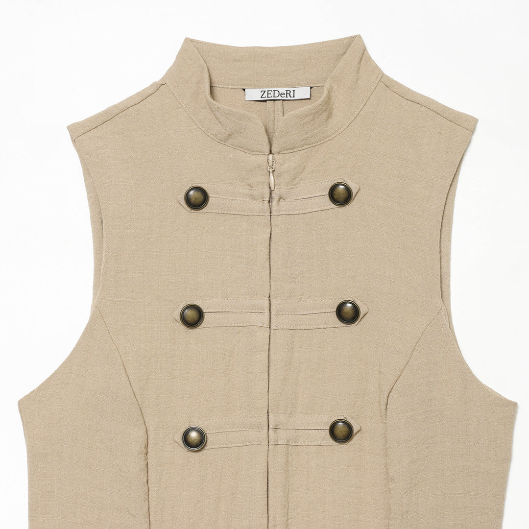 Women's fitted sleeveless military vest with stand-up collar and decorative button placket Mune Fashion