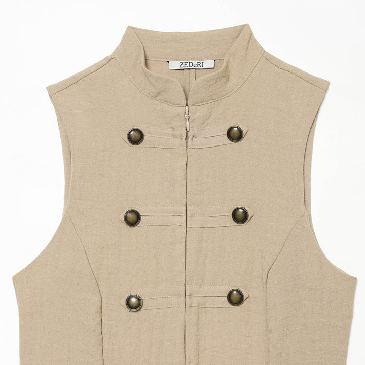 Women's fitted sleeveless military vest with stand-up collar and decorative button placket Mune Fashion