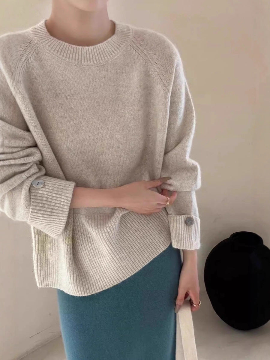Women's Oversize Crew Neck Sweater with Extended Cuffs and Decorative Button Mune Fashion
