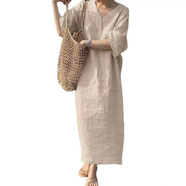 Women's Casual Linen Maxi Dress with V-Neck and Oversize Relax Fit