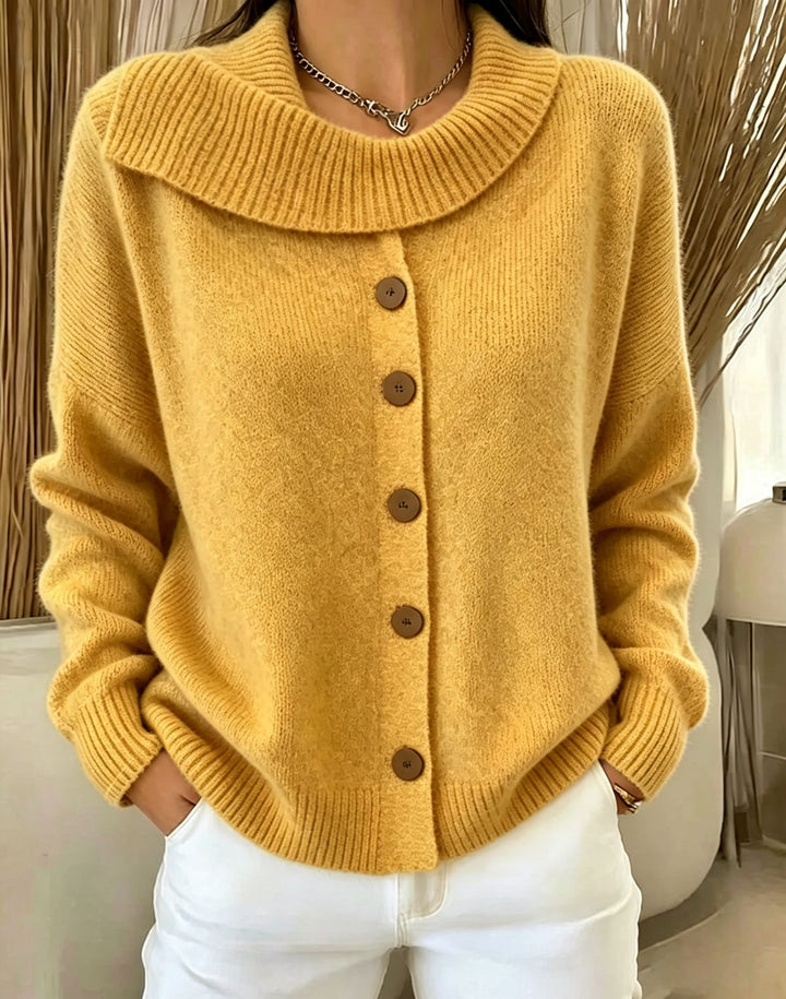 Women's Cozy Button Cardigan with Wide Roll Neck and Ribbed Cuffs Mune Fashion