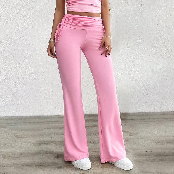 Women's soft palazzo lounge pants with folded waistband, side drawstrings, and flared leg Mune Fashion