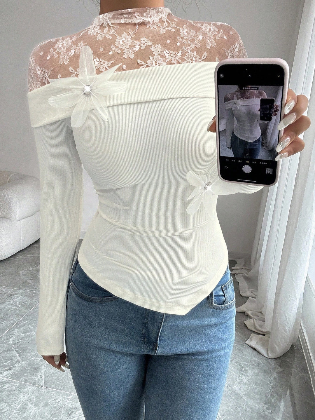 Women's figure-hugging off-shoulder ribbed knit top with lace illusion collar and flower appliqué Mune Fashion