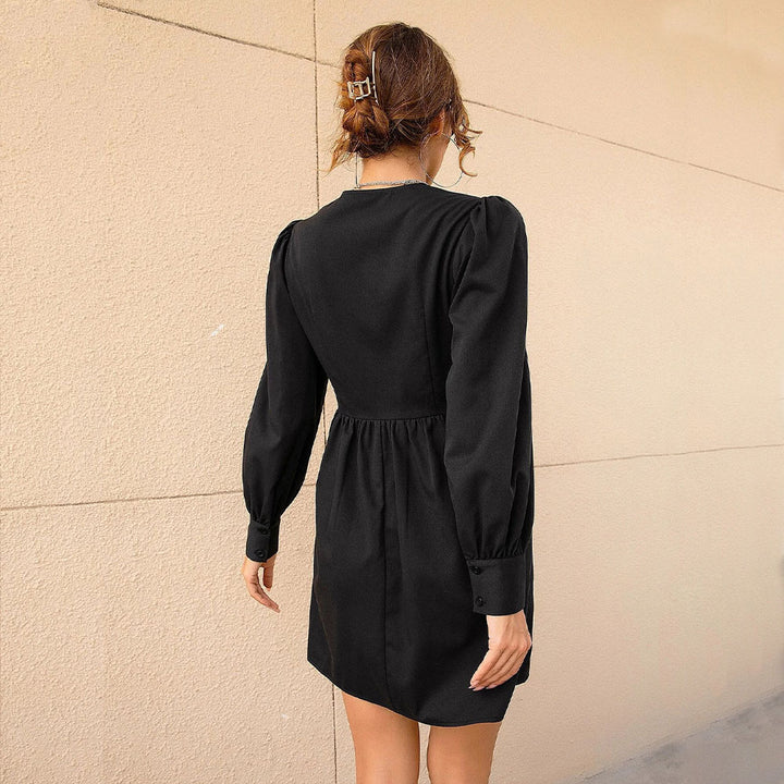 Ladies A-line mini dress with deep V-neck, empire seam, figure-flattering gathering, and long cuffed sleeves Mune Fashion