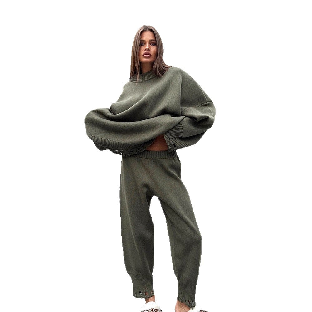 Women's Oversized Knit Set made of Fine Knit with Destroyed Hem, Wide Sweater and Casual Slip-On Pants Mune Fashion