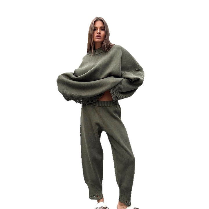 Women's Oversized Knit Set made of Fine Knit with Destroyed Hem, Wide Sweater and Casual Slip-On Pants Mune Fashion
