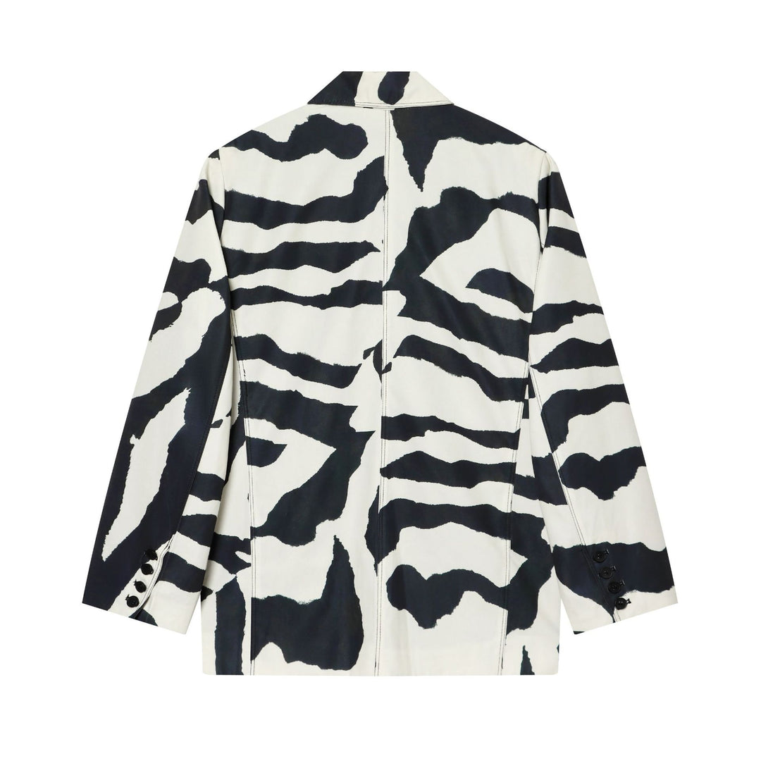 Women's oversized zebra print blazer with shawl collar, single button closure, and patch pockets Mune Fashion
