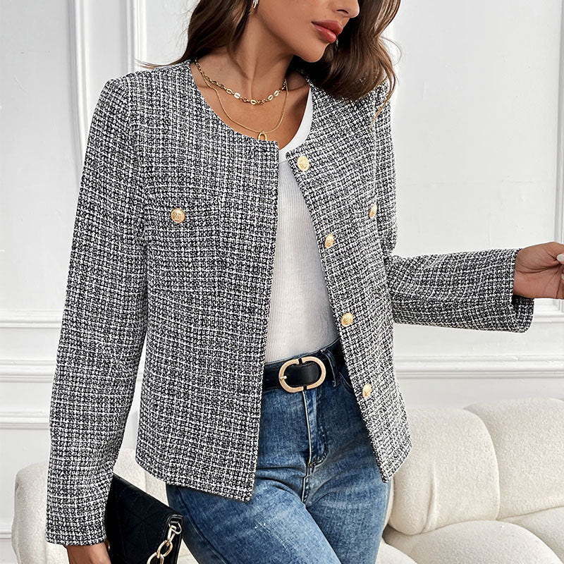 Women's short blazer in bouclé tweed with round neckline & golden decorative buttons Mune Fashion