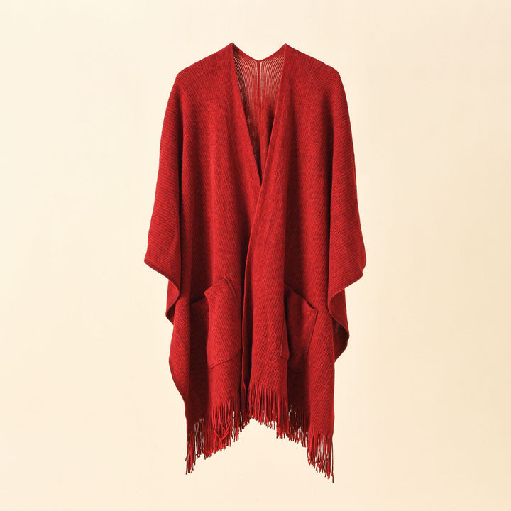 Women's chunky knit wrap with V-neck, patch pockets and fringes Mune Fashion