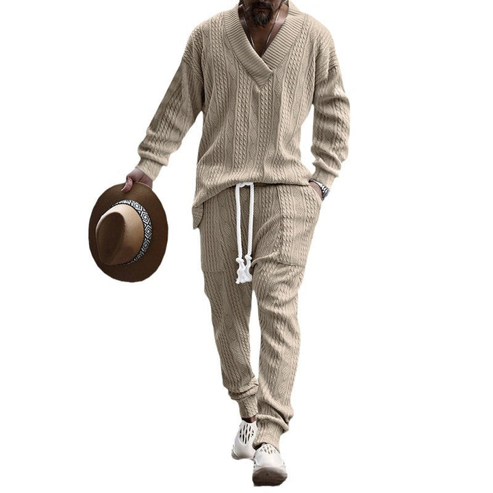 Men's Structured Knit Lounge Set with Deep V-Neck and Drawstring Pants Mune Fashion