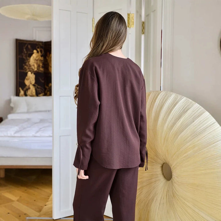 Women's Casual Lounge Set with V-Neck, Button Placket and Drawstrings Mune Fashion