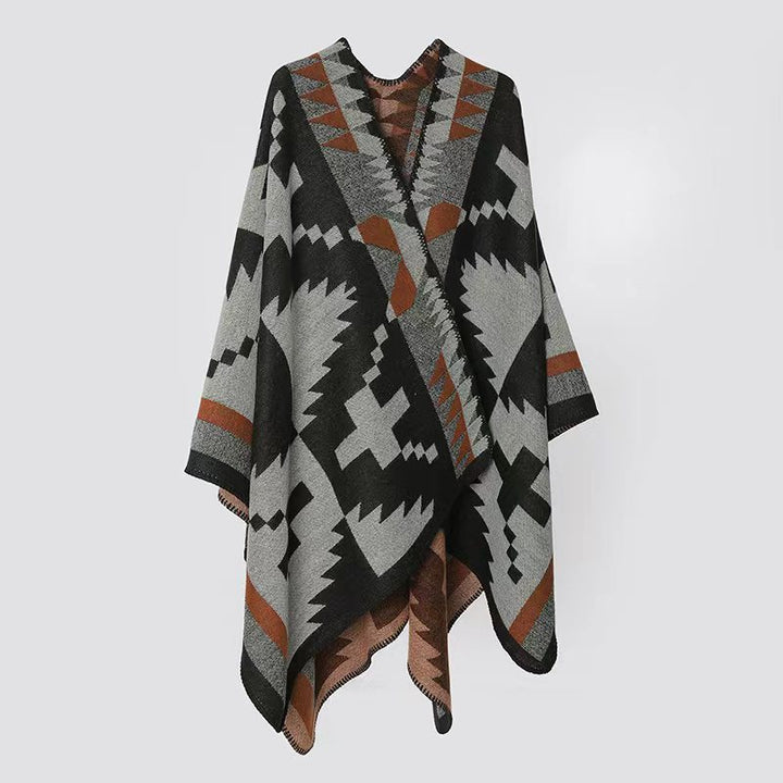 Women's Woven Jacquard Poncho in Oversized Cape with Ethno-Geometric Pattern Mune Fashion
