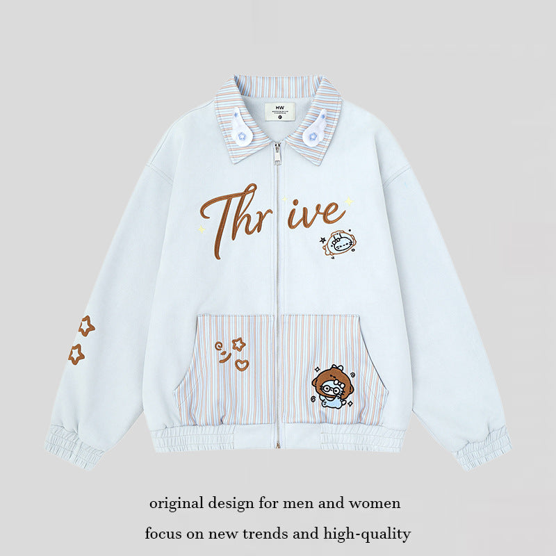 Women's zip sweat jacket with striped collar, front pockets and cute embroidery Mune Fashion