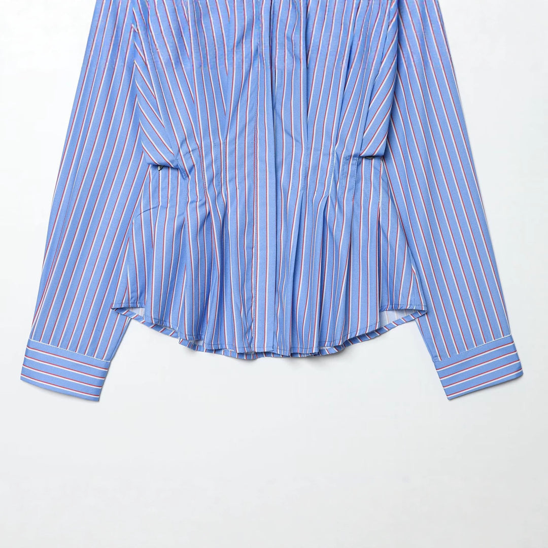 Women's Oversized Shirt with Waist Drawstring and Fine Striped Pattern Mune Fashion