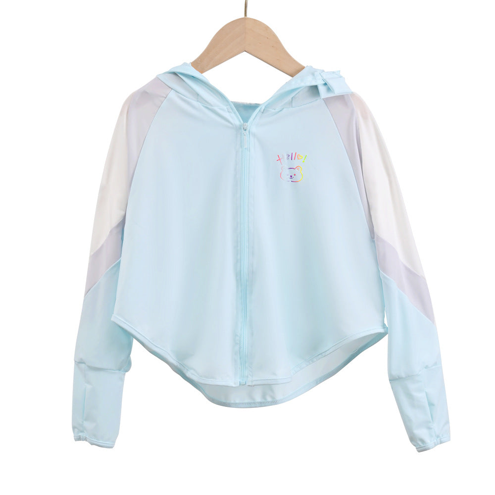 Unisex nan ultralight children's sun protection jacket with hood, zipper, mesh lining, and bear embroidery Mune Fashion