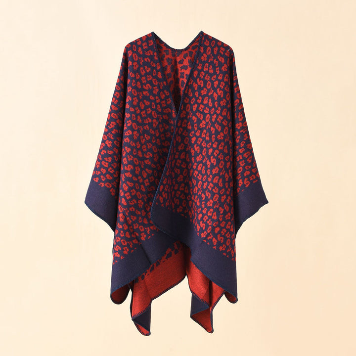 Women Wool Blend Ruana with tonal leopard jacquard and boxy kimono drape