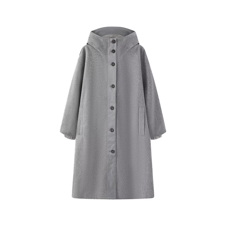 Women's Oversize Wool-like Coat with Hood and Button Placket Mune Fashion