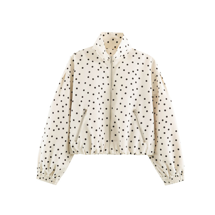 Women's Polka Dot Cropped Bomber Jacket with Stand-Up Collar, Elastic Hem and Asymmetrical Zipper Pockets Mune Fashion